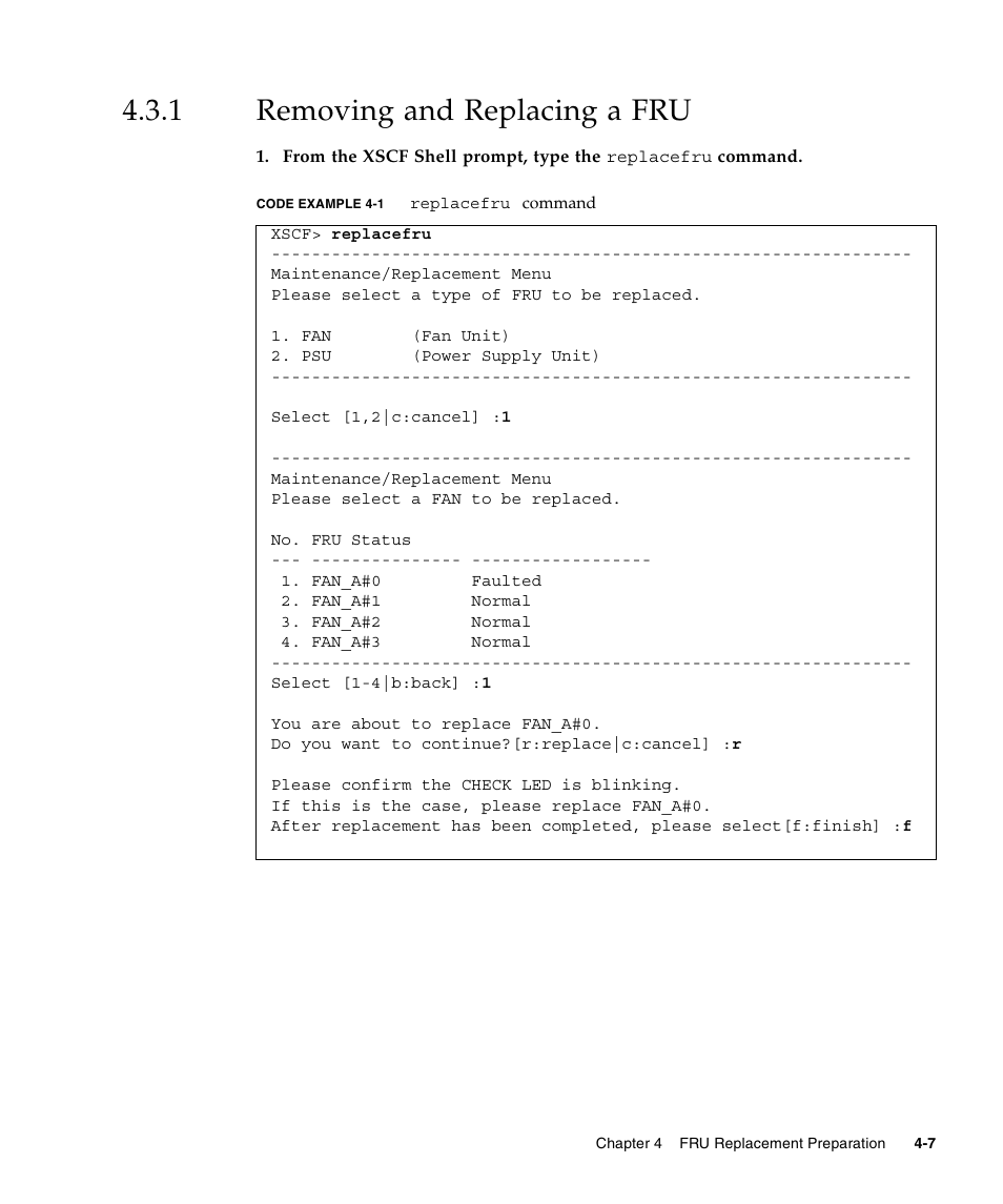 1 removing and replacing a fru, Removing and replacing a fru, Removing and replacing a | FUJITSU SPARC ENTERPRISE M5000 User Manual | Page 85 / 308