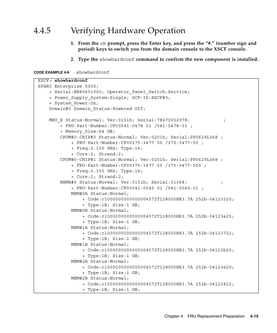 5 verifying hardware operation, Verifying hardware operation | FUJITSU SPARC ENTERPRISE M5000 User Manual | Page 93 / 308