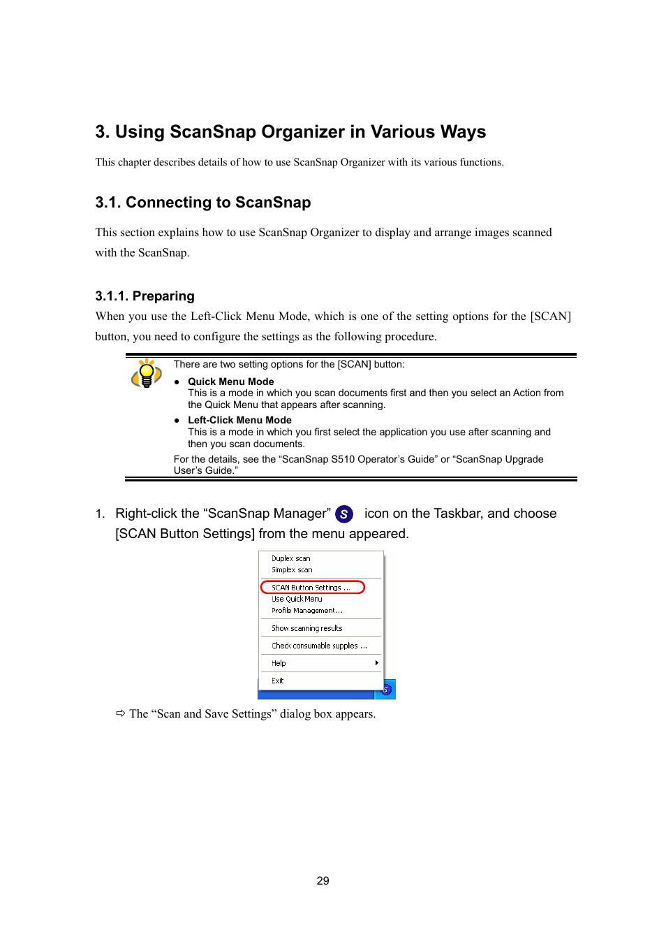 Using scansnap organizer in various ways, Connecting to scansnap, Preparing | FUJITSU SCANSNAP P2WW-2300-01ENZ0 User Manual | Page 31 / 81