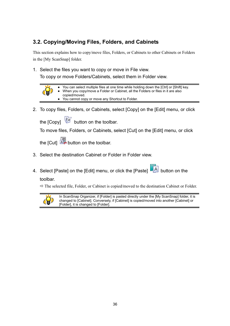 Copying/moving files, folders, and cabinets | FUJITSU SCANSNAP P2WW-2300-01ENZ0 User Manual | Page 38 / 81