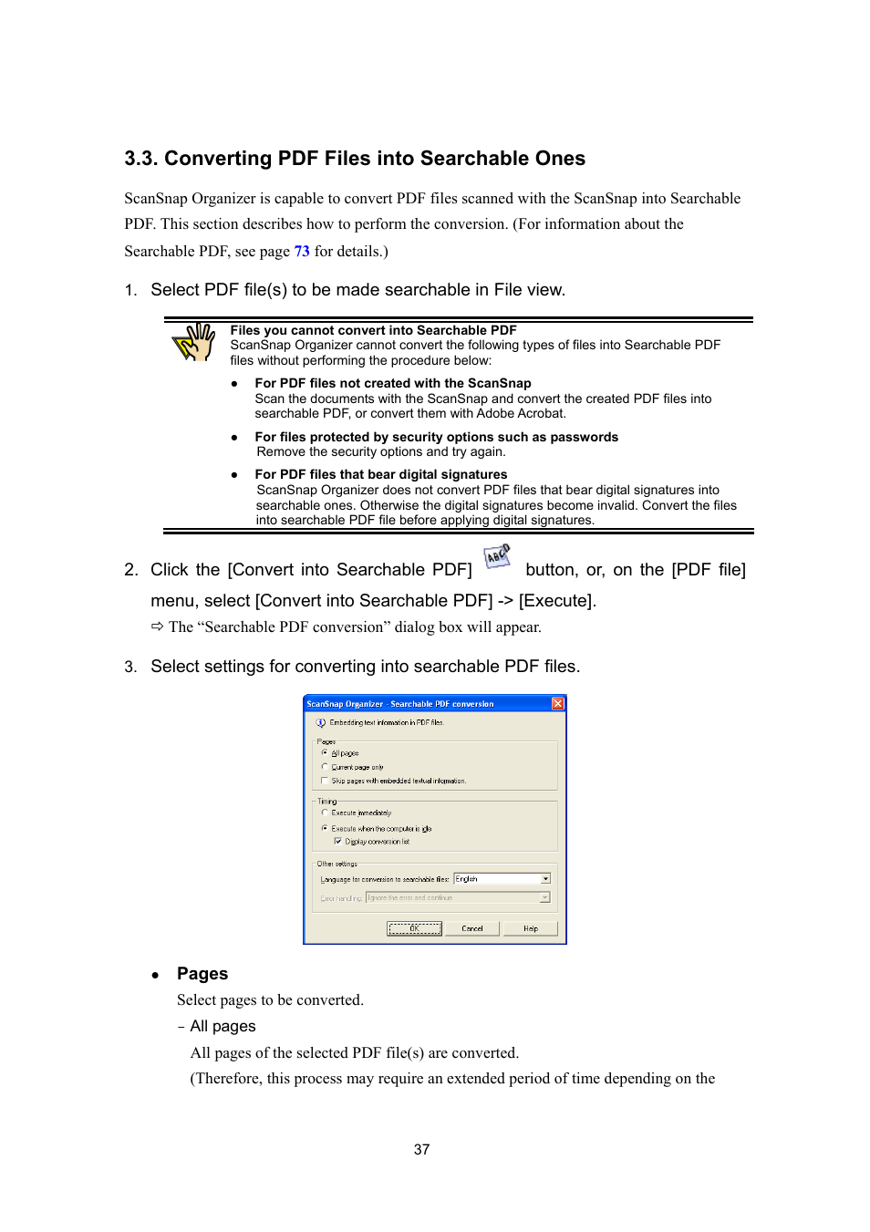 Converting pdf files into searchable ones | FUJITSU SCANSNAP P2WW-2300-01ENZ0 User Manual | Page 39 / 81