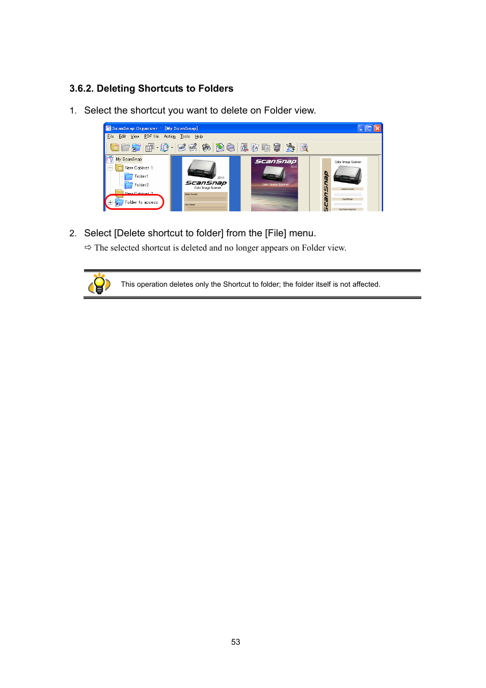 Deleting shortcuts to folders | FUJITSU SCANSNAP P2WW-2300-01ENZ0 User Manual | Page 55 / 81