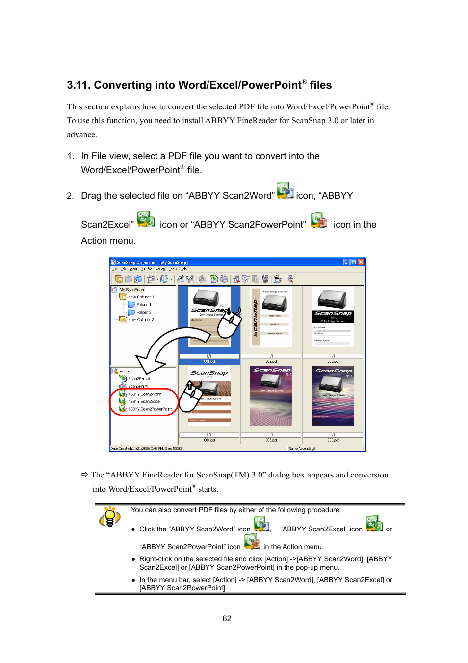 Converting into word/excel/powerpoint® files, Converting into word/excel/powerpoint, Files | Converting into word/excel/powerpoint ® files | FUJITSU SCANSNAP P2WW-2300-01ENZ0 User Manual | Page 64 / 81