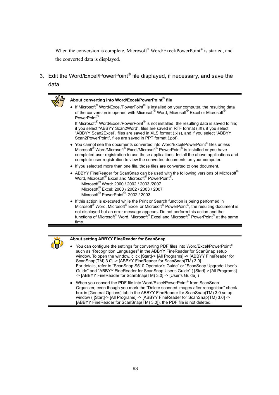 Edit the word/excel/powerpoint, File displayed, if necessary, and save the data, When the conversion is complete, microsoft | Word/excel/powerpoint, Is started, and the converted data is displayed. 3 | FUJITSU SCANSNAP P2WW-2300-01ENZ0 User Manual | Page 65 / 81