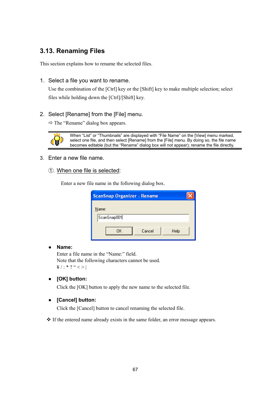 Renaming files | FUJITSU SCANSNAP P2WW-2300-01ENZ0 User Manual | Page 69 / 81