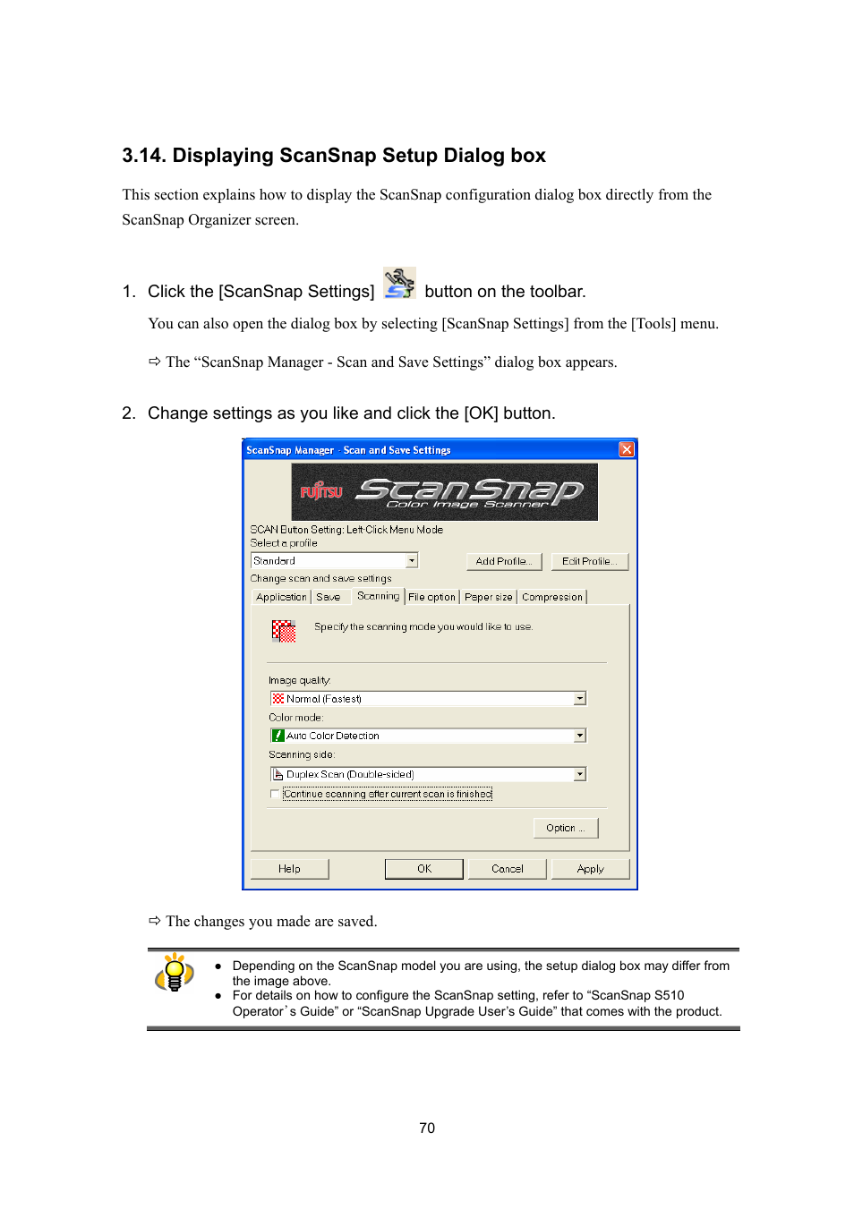 Displaying scansnap setup dialog box, Displaying scansnap setting window | FUJITSU SCANSNAP P2WW-2300-01ENZ0 User Manual | Page 72 / 81