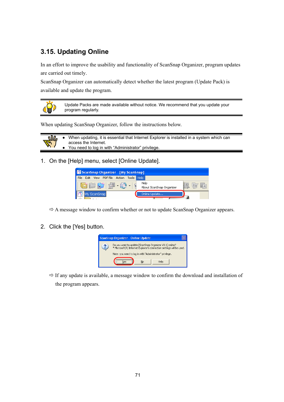 Updating online | FUJITSU SCANSNAP P2WW-2300-01ENZ0 User Manual | Page 73 / 81