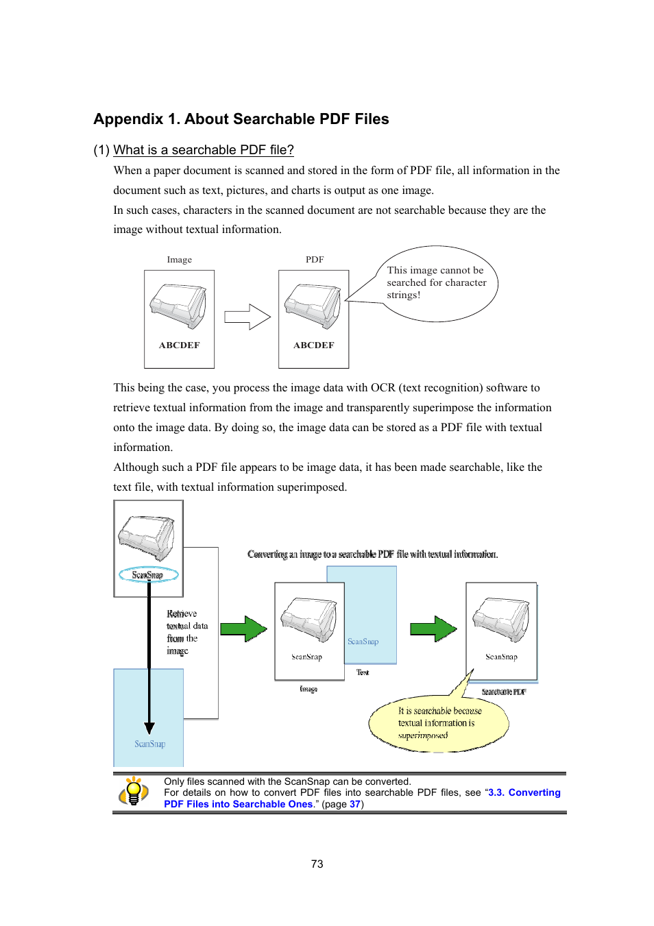Appendix 1. about searchable pdf files, Files are, refer to, Appendix 1. about | Searchable pdf files, On p | FUJITSU SCANSNAP P2WW-2300-01ENZ0 User Manual | Page 75 / 81