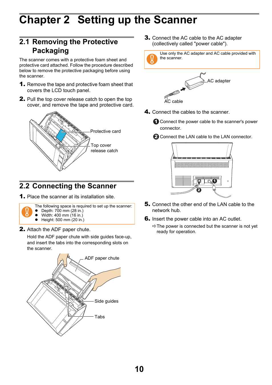 Chapter 2 setting up the scanner, 1 removing the protective packaging, 2 connecting the scanner | FUJITSU SCANSNAP NETWORK SCANNER N1800 User Manual | Page 10 / 23