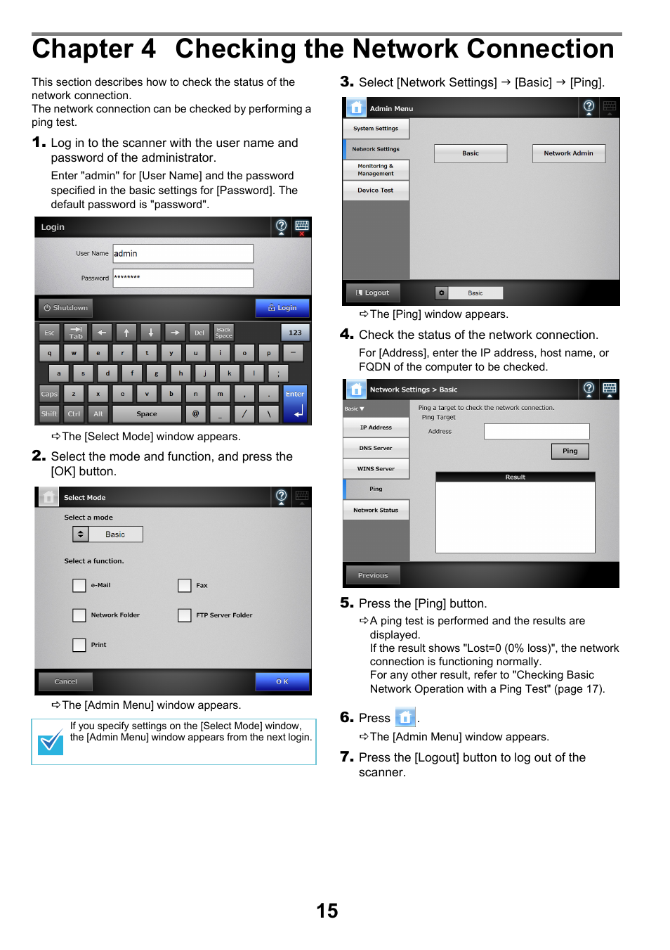 Chapter 4 checking the network connection | FUJITSU SCANSNAP NETWORK SCANNER N1800 User Manual | Page 15 / 23