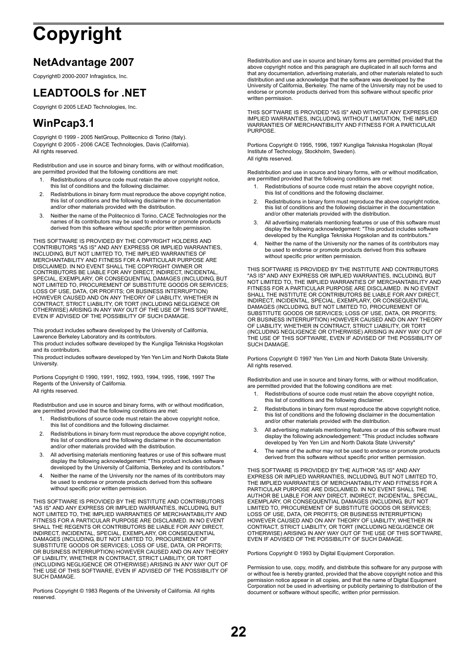 Copyright, Netadvantage 2007, Winpcap3.1 | FUJITSU SCANSNAP NETWORK SCANNER N1800 User Manual | Page 22 / 23