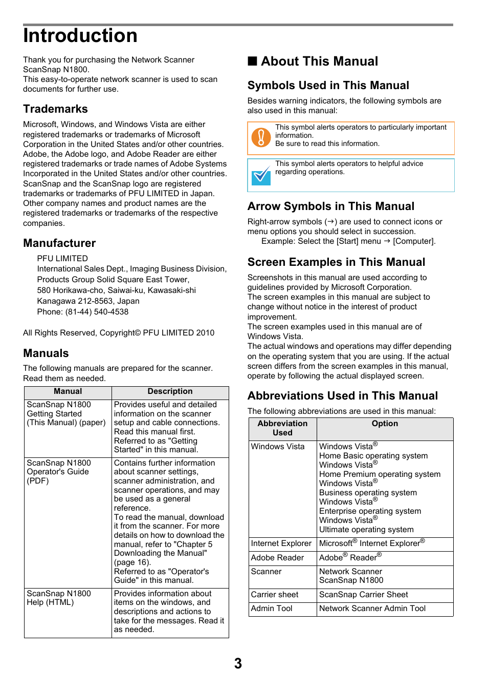 Introduction, About this manual, Trademarks | Manufacturer, Manuals, Symbols used in this manual, Arrow symbols in this manual, Screen examples in this manual, Abbreviations used in this manual | FUJITSU SCANSNAP NETWORK SCANNER N1800 User Manual | Page 3 / 23