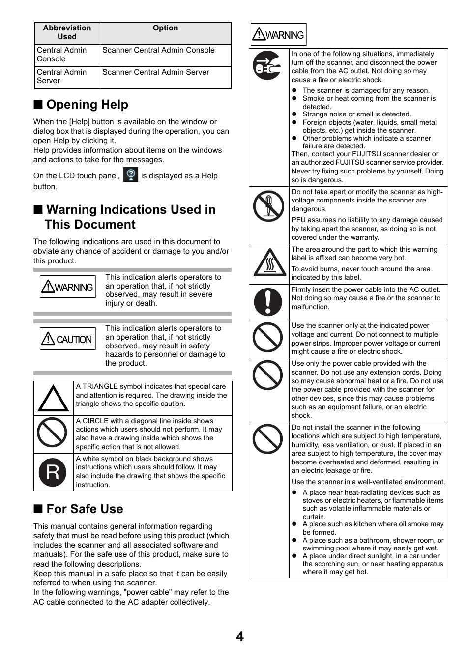 Opening help, Warning indications used in this document, For safe use | Warning, Caution | FUJITSU SCANSNAP NETWORK SCANNER N1800 User Manual | Page 4 / 23