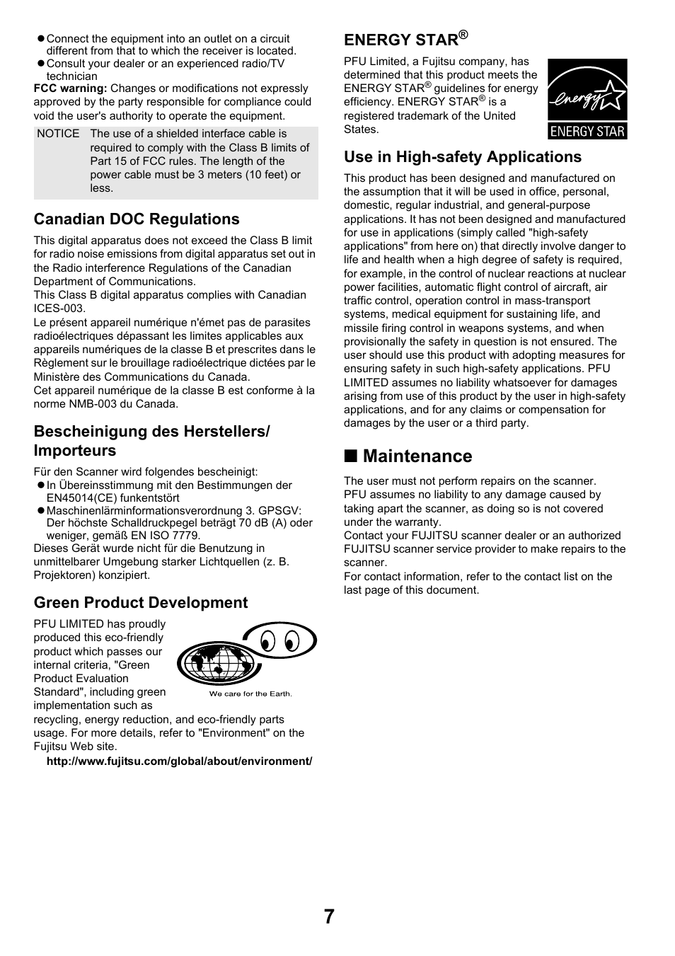 Maintenance, Canadian doc regulations, Bescheinigung des herstellers/ importeurs | Green product development, Energy star, Use in high-safety applications | FUJITSU SCANSNAP NETWORK SCANNER N1800 User Manual | Page 7 / 23