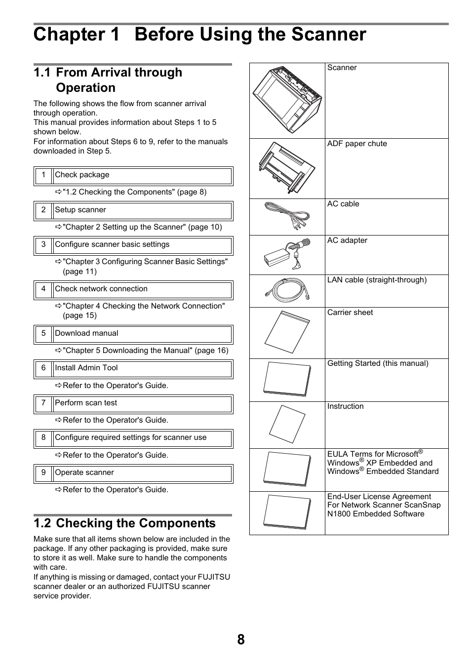 Chapter 1 before using the scanner, 1 from arrival through operation, 2 checking the components | FUJITSU SCANSNAP NETWORK SCANNER N1800 User Manual | Page 8 / 23