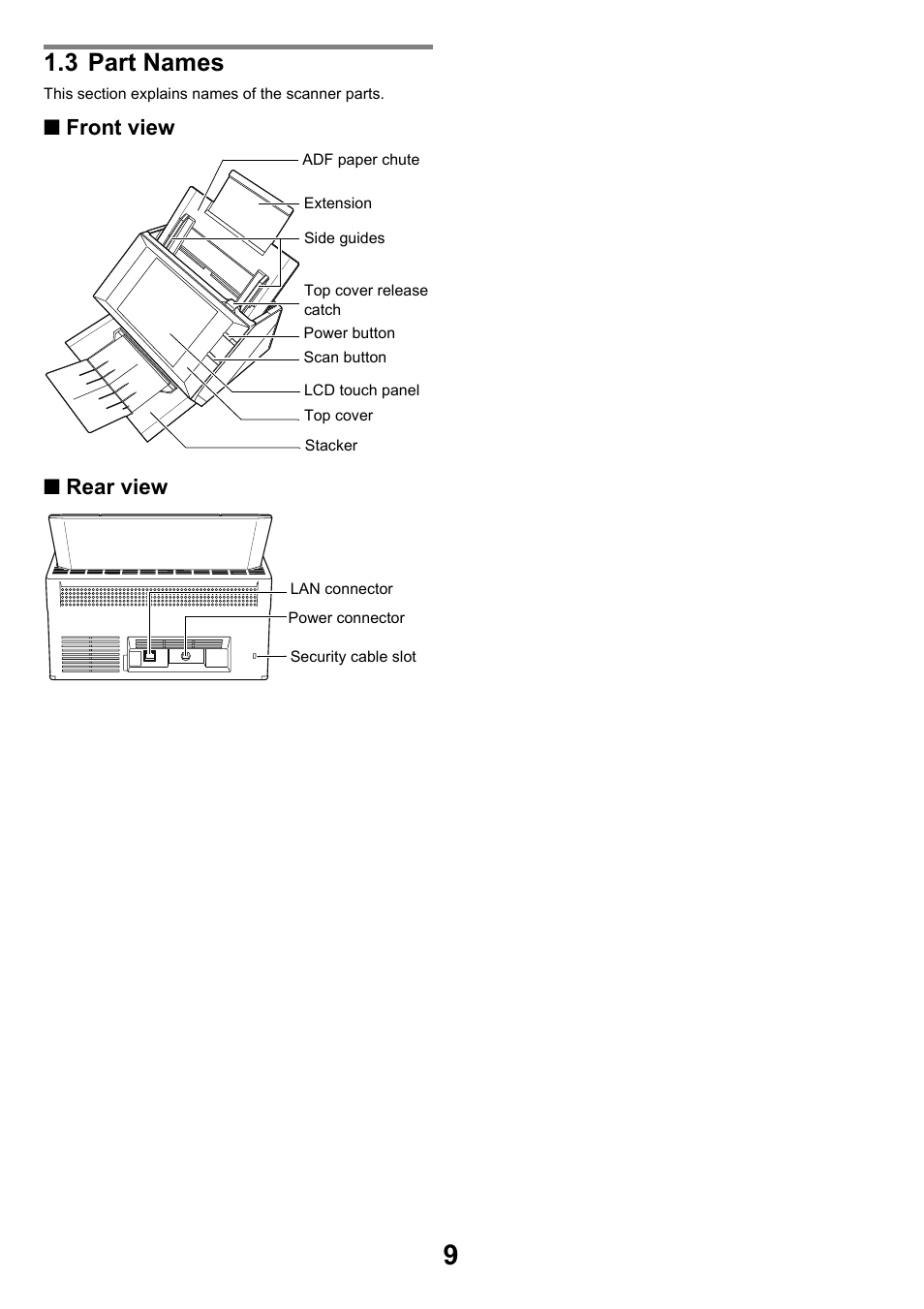 3 part names, Front view ■ rear view | FUJITSU SCANSNAP NETWORK SCANNER N1800 User Manual | Page 9 / 23