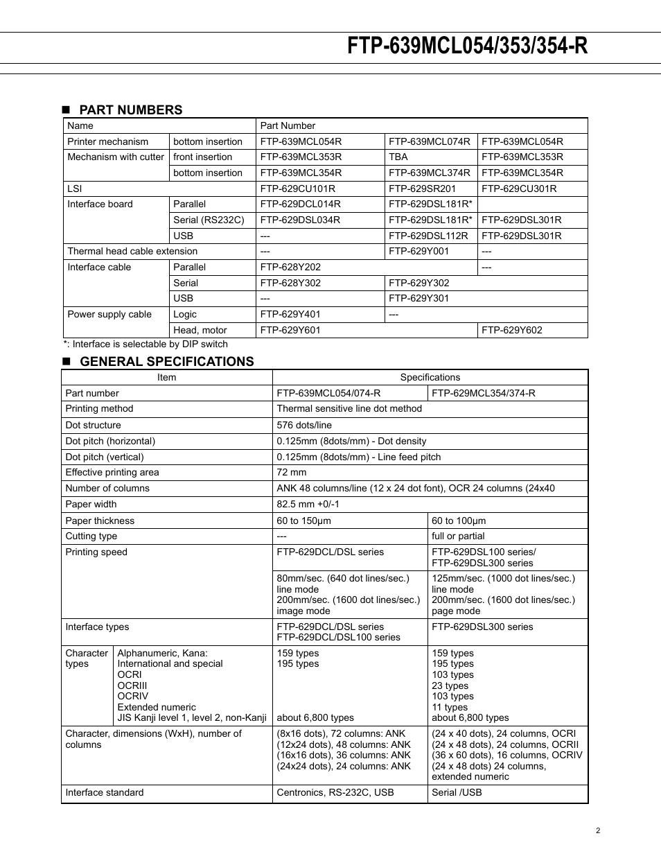 Npart numbers, Ngeneral specifications | FUJITSU FTP-639MCL354-R User Manual | Page 2 / 7