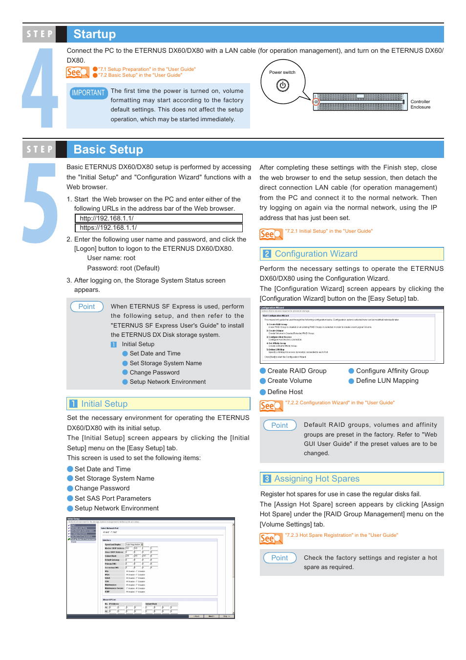 Basic setup, Startup, S t e p | Initial setup, Configuration wizard assigning hot spares | FUJITSU ETERNUS DX80 User Manual | Page 3 / 4