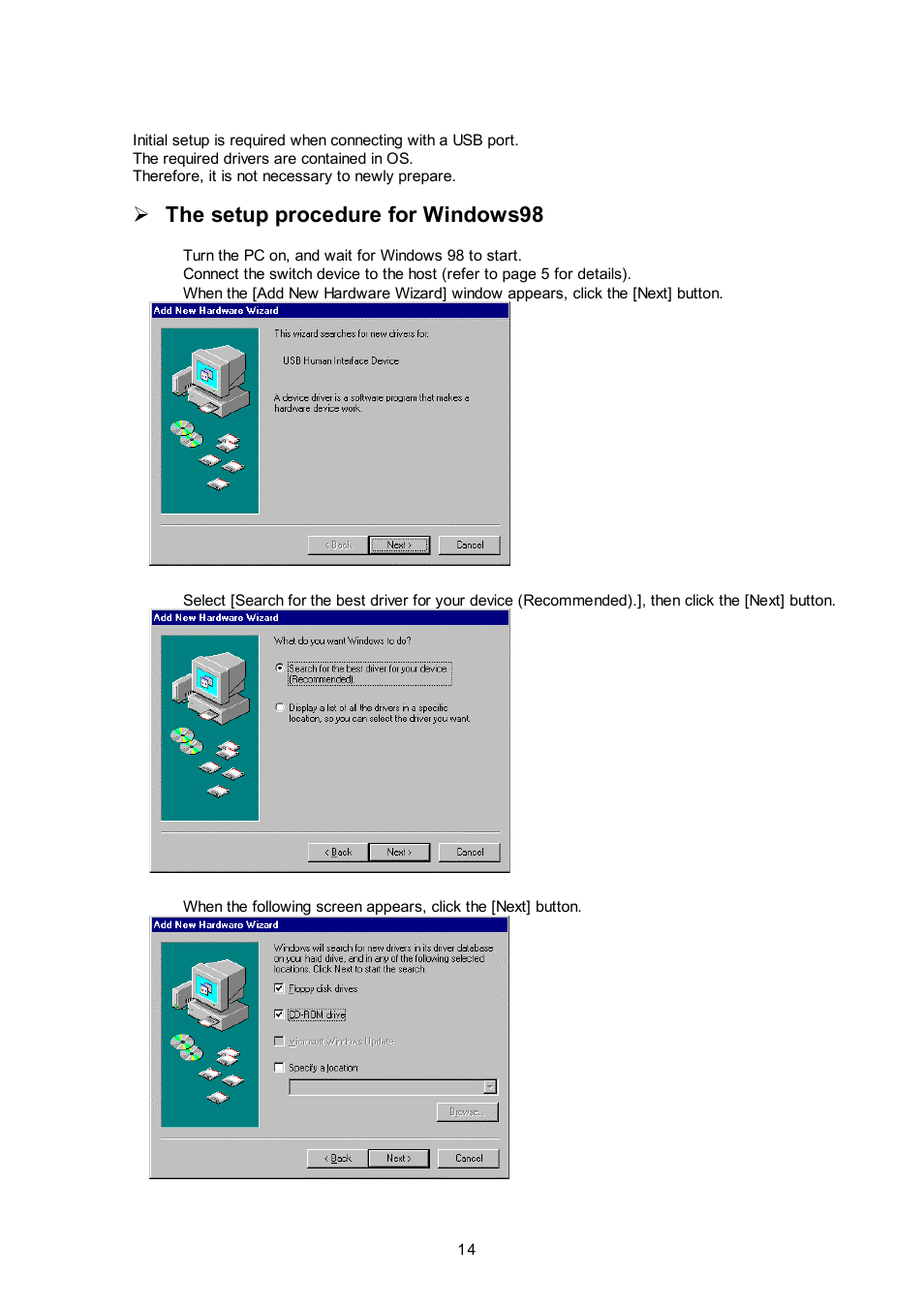 The setup procedure for windows98 | FUJITSU NC14003-T256/L User Manual | Page 15 / 23