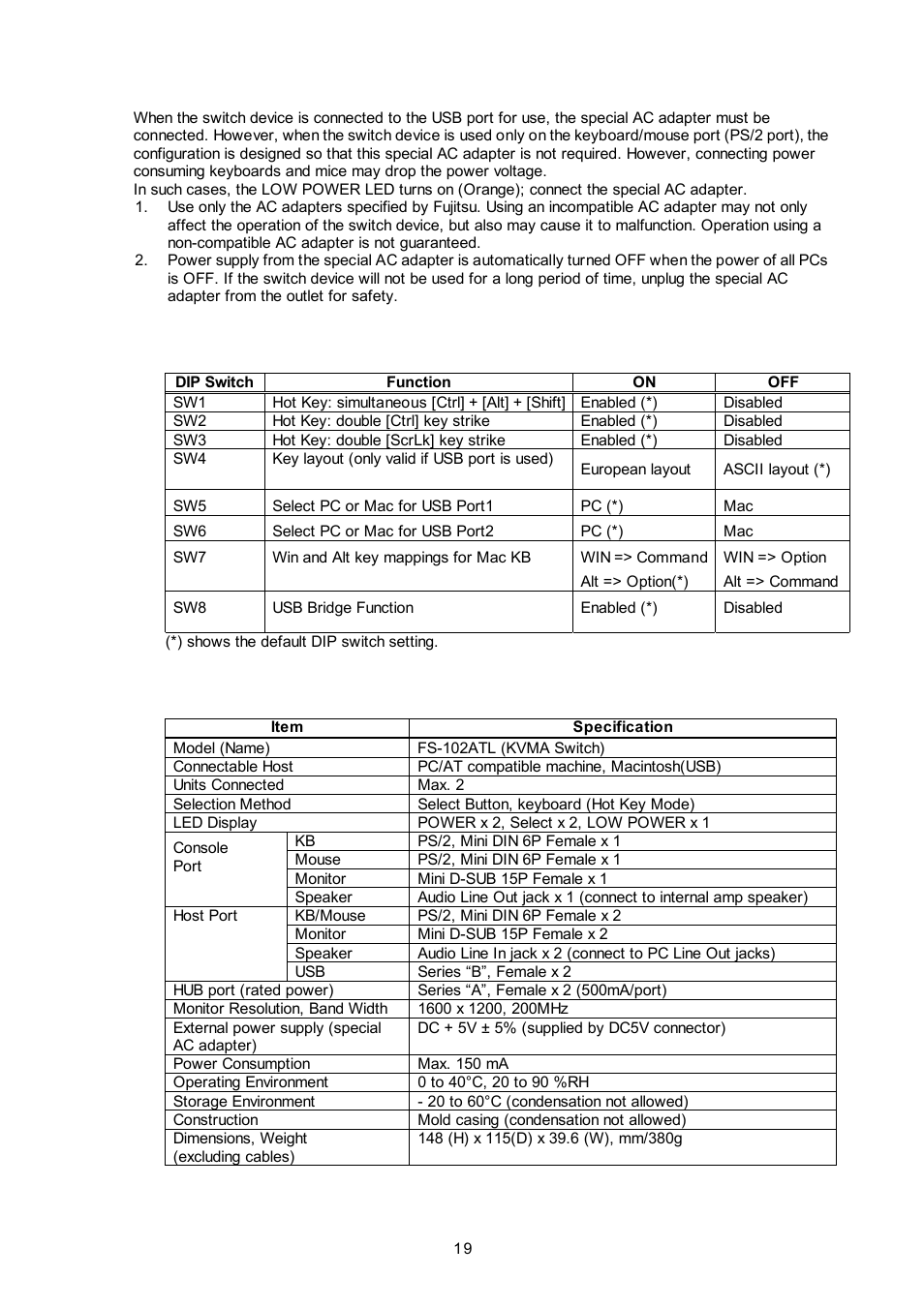 About the special ac adapter, Dip switches, Specifications | FUJITSU NC14003-T256/L User Manual | Page 20 / 23