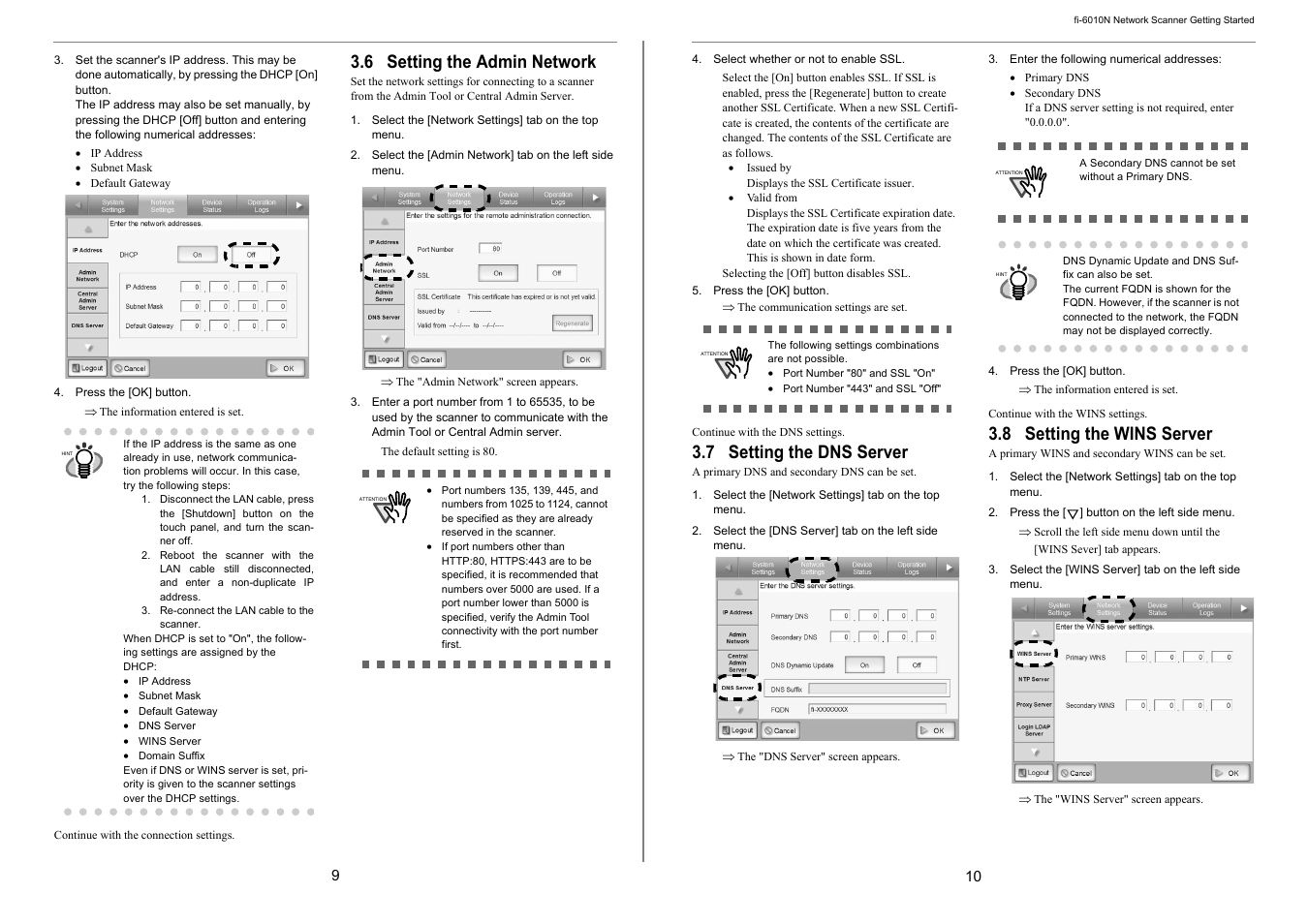 6 setting the admin network, 7 setting the dns server, 8 setting the wins server | FUJITSU Network Scanner fi-6010N User Manual | Page 10 / 21