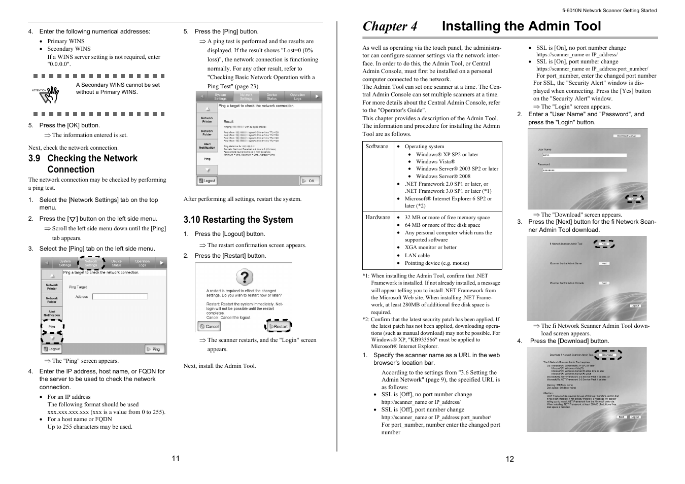 Chapter 4 installing the admin tool, 9 checking the network connection, 10 restarting the system | FUJITSU Network Scanner fi-6010N User Manual | Page 11 / 21