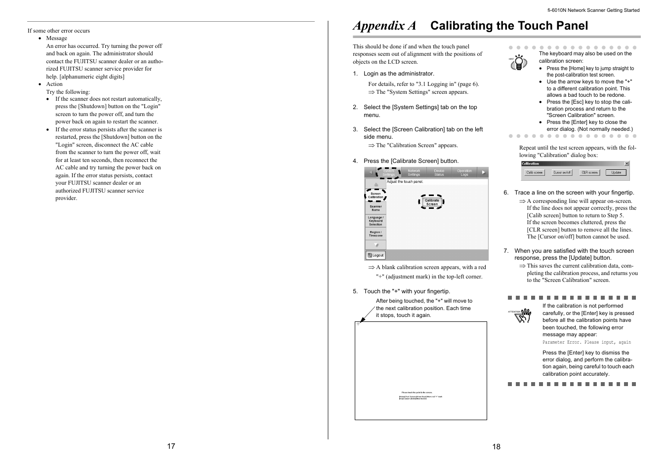 Appendix a, Calibrating the touch panel | FUJITSU Network Scanner fi-6010N User Manual | Page 14 / 21
