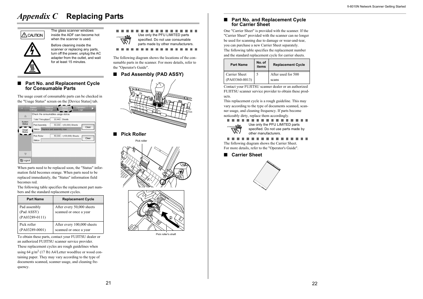 Appendix c, Replacing parts | FUJITSU Network Scanner fi-6010N User Manual | Page 16 / 21