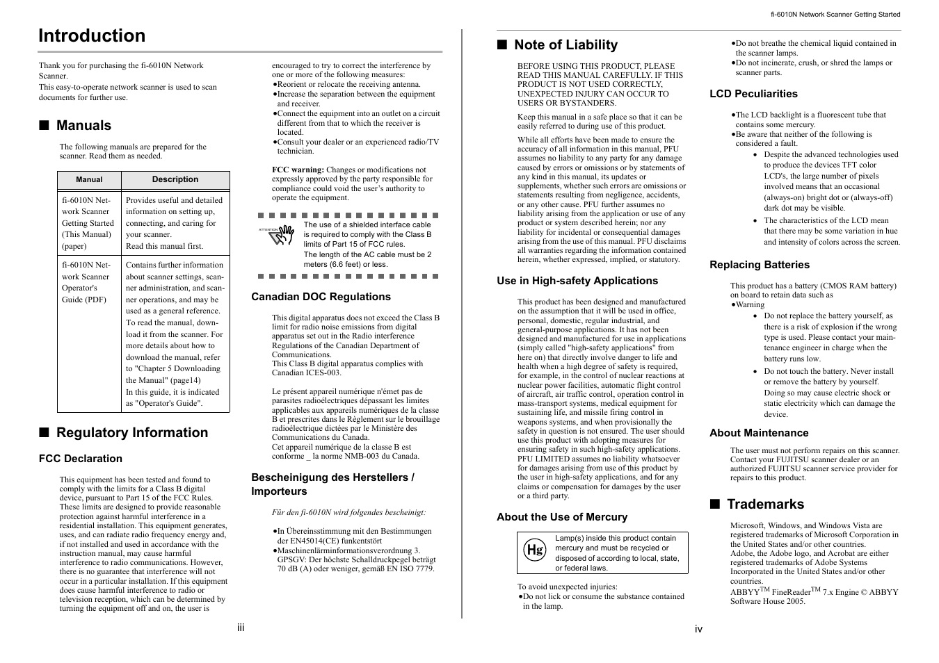 Introduction, Manuals, Regulatory information | Trademarks | FUJITSU Network Scanner fi-6010N User Manual | Page 3 / 21