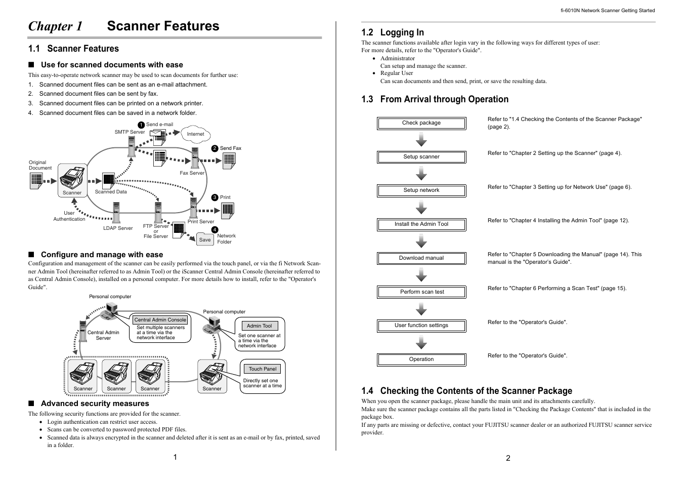 Chapter 1 scanner features, 1 scanner features, 2 logging in | FUJITSU Network Scanner fi-6010N User Manual | Page 6 / 21