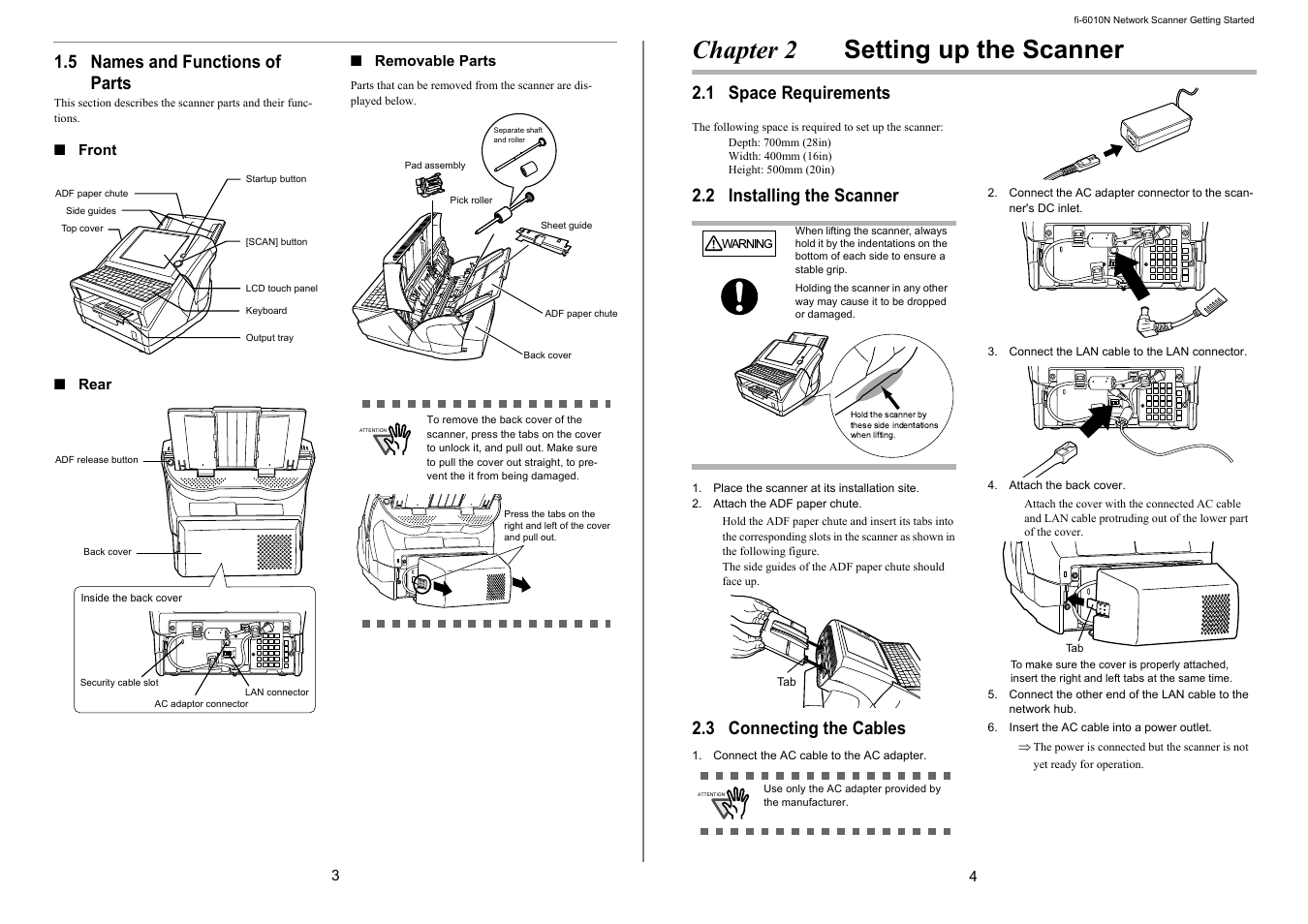 Chapter 2 setting up the scanner, 5 names and functions of parts, 1 space requirements | 2 installing the scanner, 3 connecting the cables | FUJITSU Network Scanner fi-6010N User Manual | Page 7 / 21