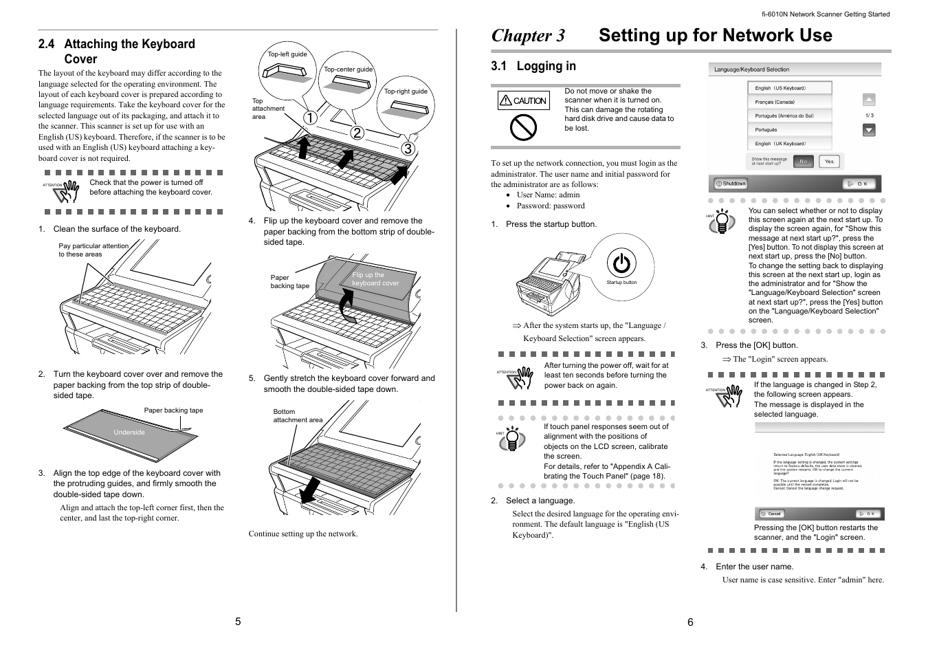 Chapter 3 setting up for network use, Ԙԙ ԛ, 4 attaching the keyboard cover | 1 logging in | FUJITSU Network Scanner fi-6010N User Manual | Page 8 / 21