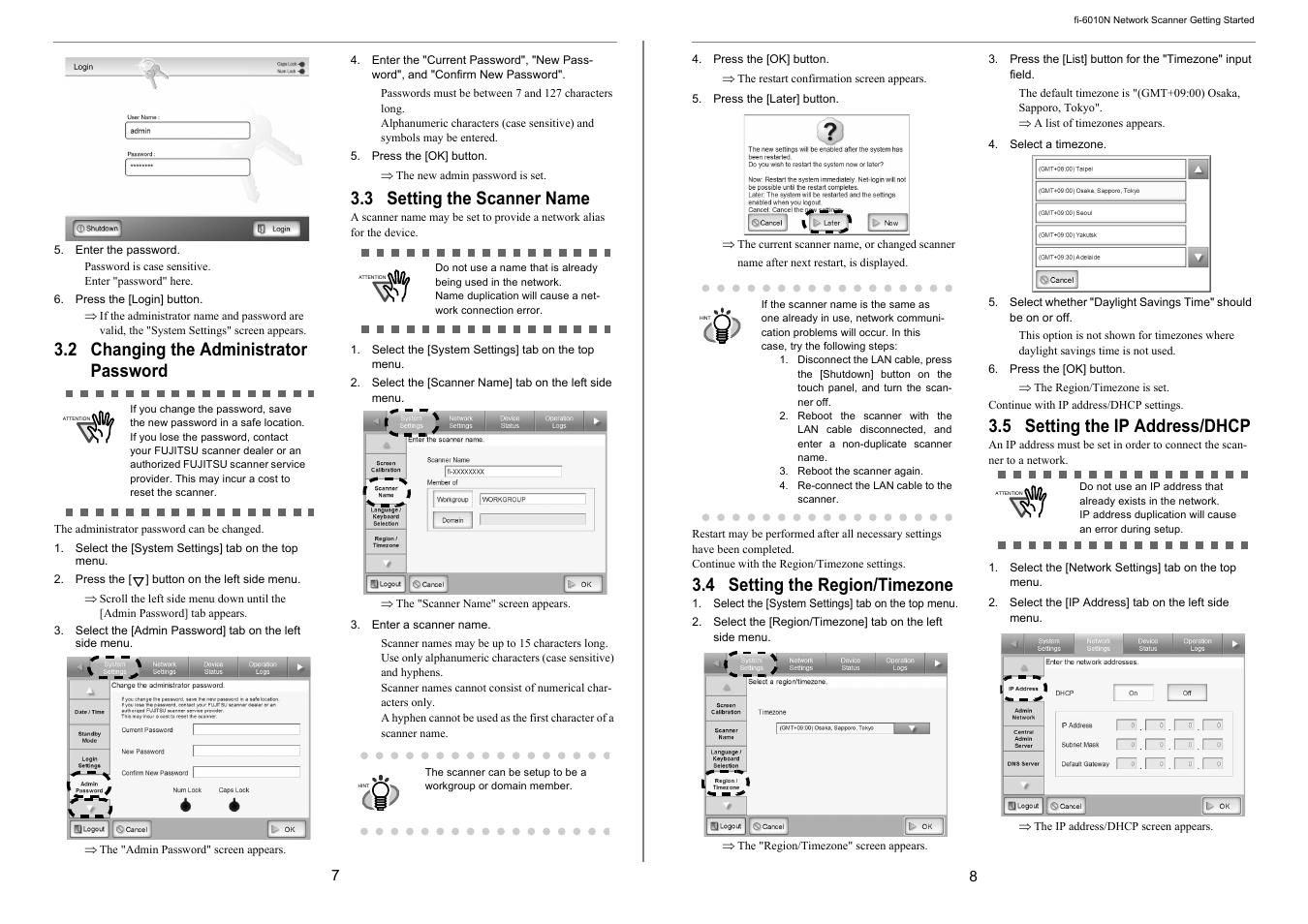 2 changing the administrator password, 3 setting the scanner name, 4 setting the region/timezone | 5 setting the ip address/dhcp | FUJITSU Network Scanner fi-6010N User Manual | Page 9 / 21