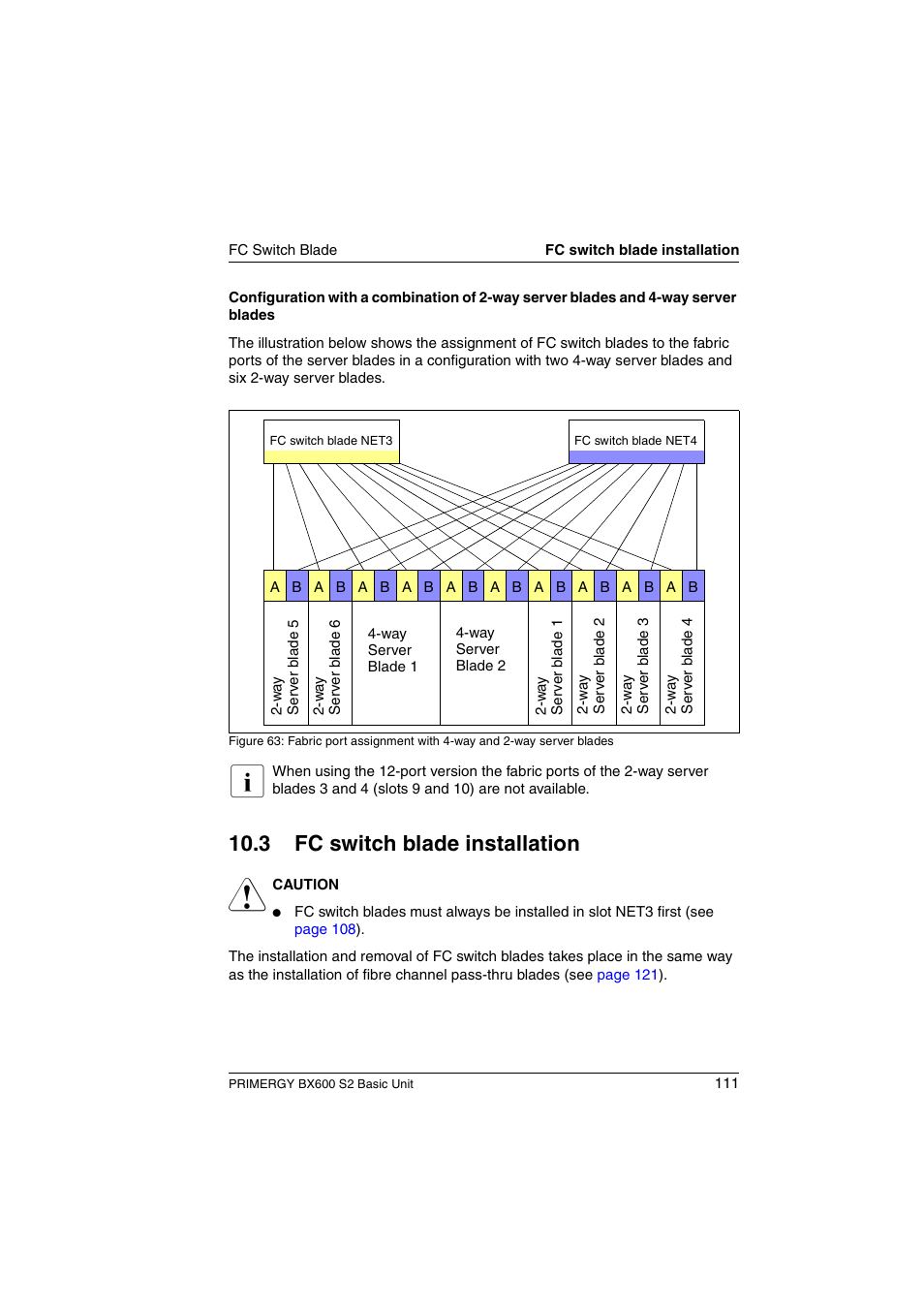 Fc switch blade installation, 3 fc switch blade installation | FUJITSU PRIMERGY BX600 S2 User Manual | Page 111 / 173