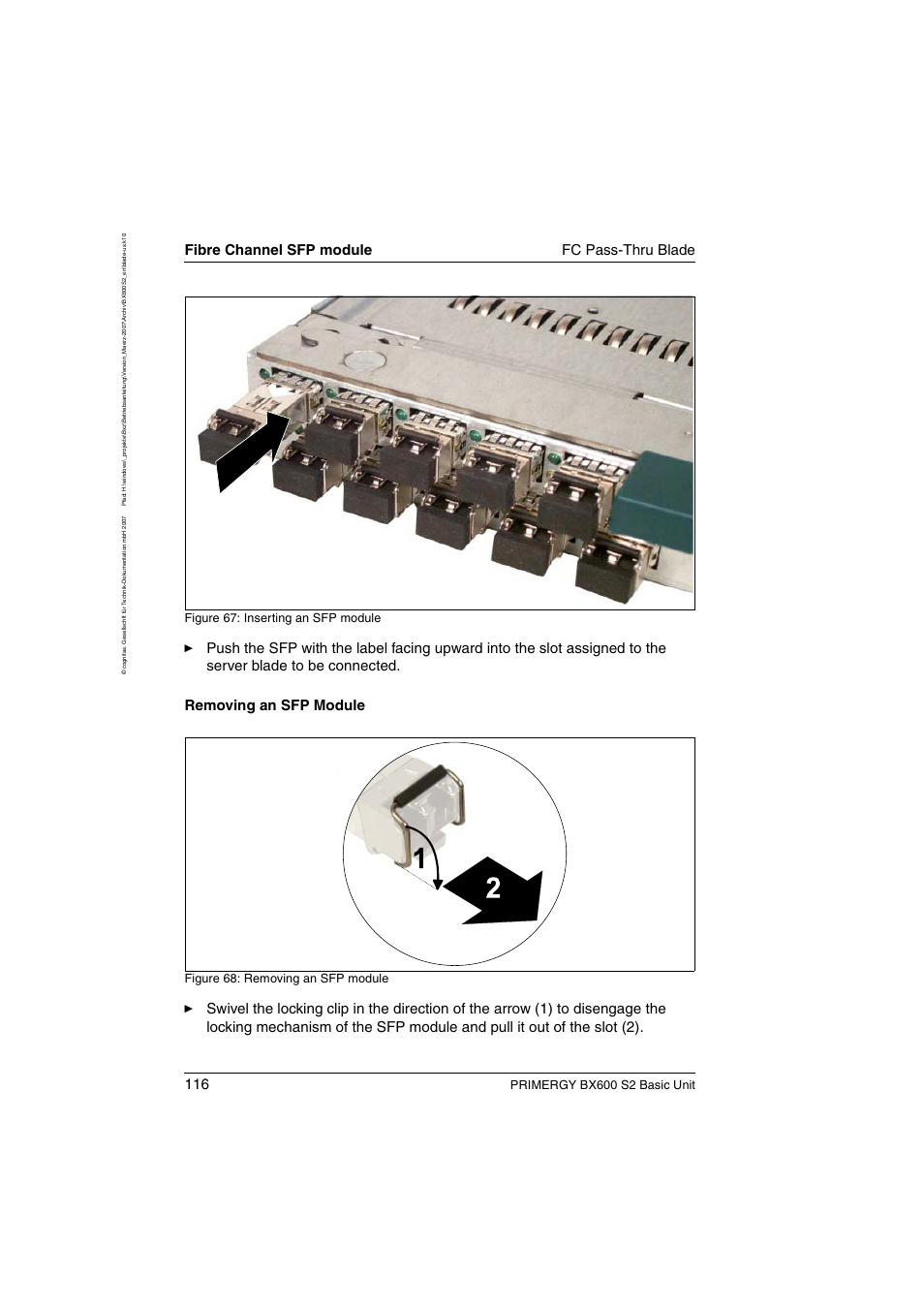 Fibre channel sfp module fc pass-thru blade, Primergy bx600 s2 basic unit, Figure 67: inserting an sfp module | Figure 68: removing an sfp module | FUJITSU PRIMERGY BX600 S2 User Manual | Page 116 / 173