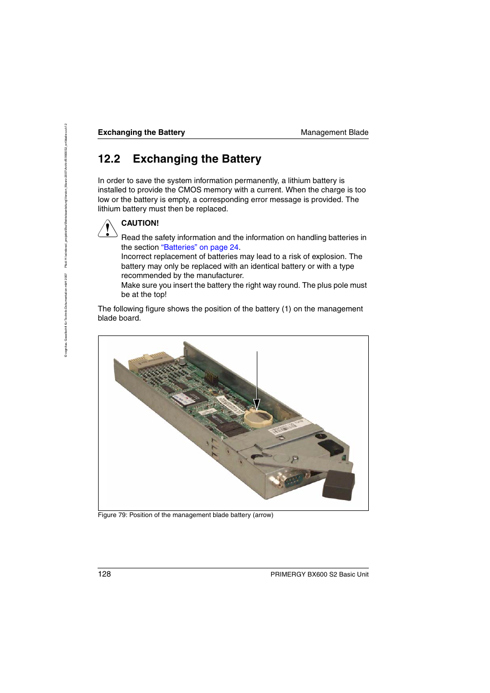 Exchanging the battery, 2 exchanging the battery, Exchanging the battery management blade | Primergy bx600 s2 basic unit | FUJITSU PRIMERGY BX600 S2 User Manual | Page 128 / 173