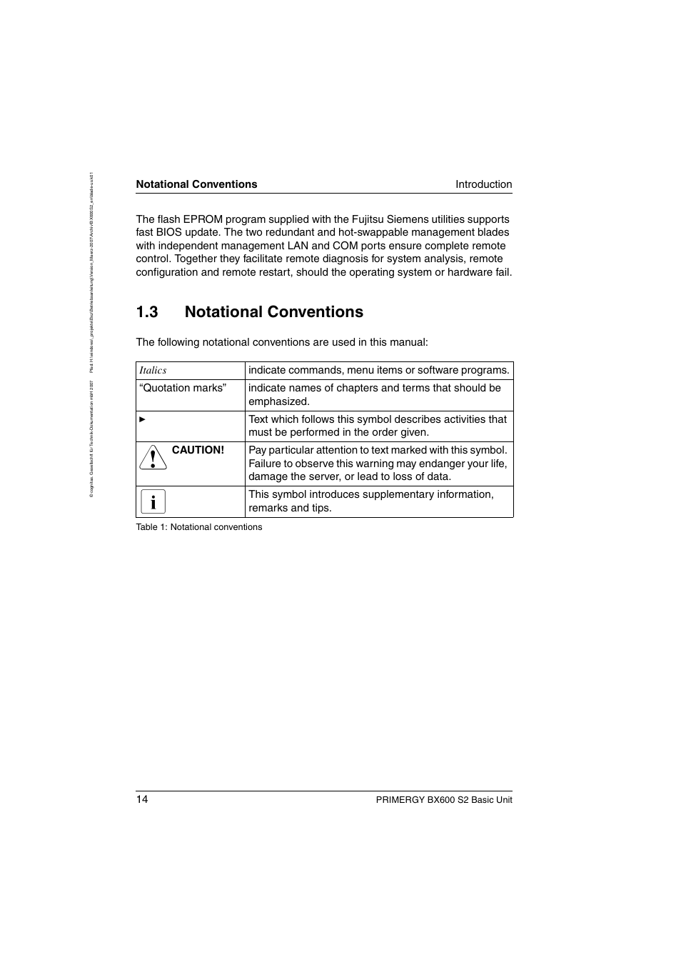 Notational conventions, 3 notational conventions, Notational conventions introduction | Primergy bx600 s2 basic unit, Table 1: notational conventions | FUJITSU PRIMERGY BX600 S2 User Manual | Page 14 / 173