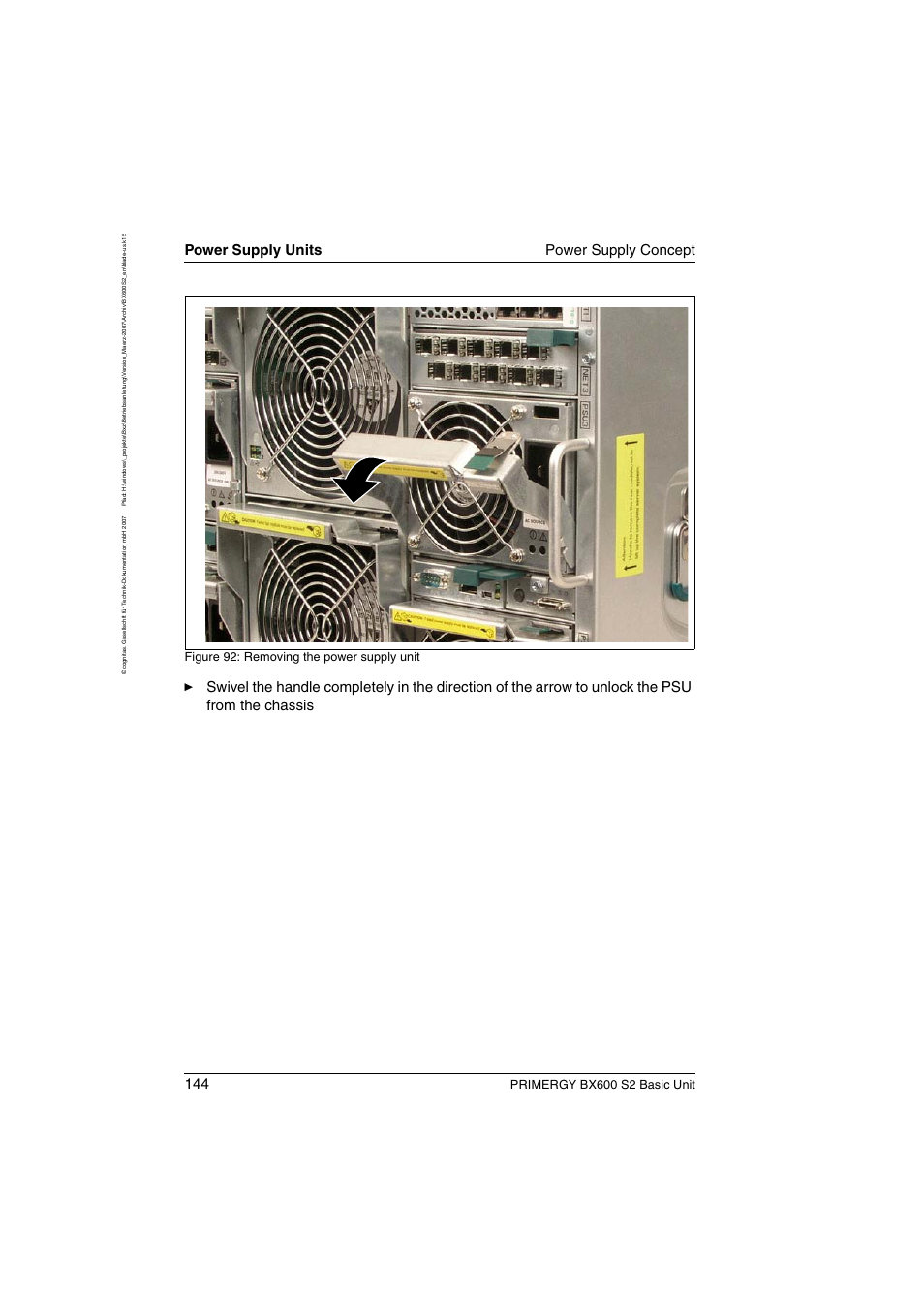 Power supply units power supply concept, Primergy bx600 s2 basic unit, Figure 92: removing the power supply unit | FUJITSU PRIMERGY BX600 S2 User Manual | Page 144 / 173