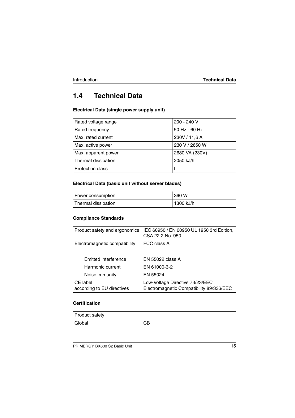 Technical data, 4 technical data | FUJITSU PRIMERGY BX600 S2 User Manual | Page 15 / 173