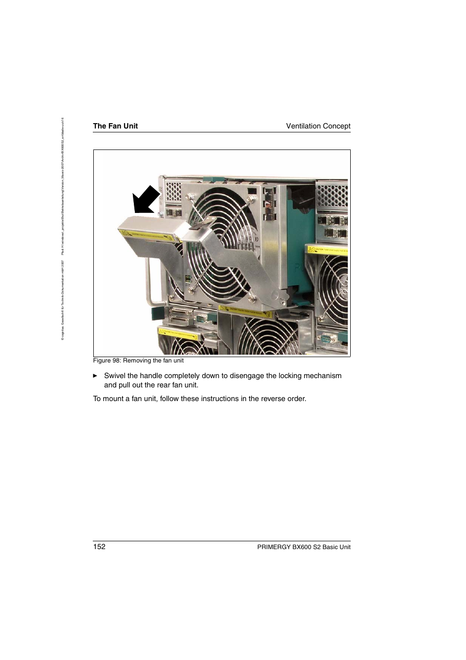 The fan unit ventilation concept, Primergy bx600 s2 basic unit, Figure 98: removing the fan unit | FUJITSU PRIMERGY BX600 S2 User Manual | Page 152 / 173