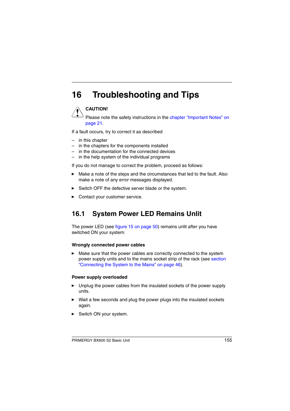 Troubleshooting and tips, System power led remains unlit, 16 troubleshooting and tips | 1 system power led remains unlit | FUJITSU PRIMERGY BX600 S2 User Manual | Page 155 / 173