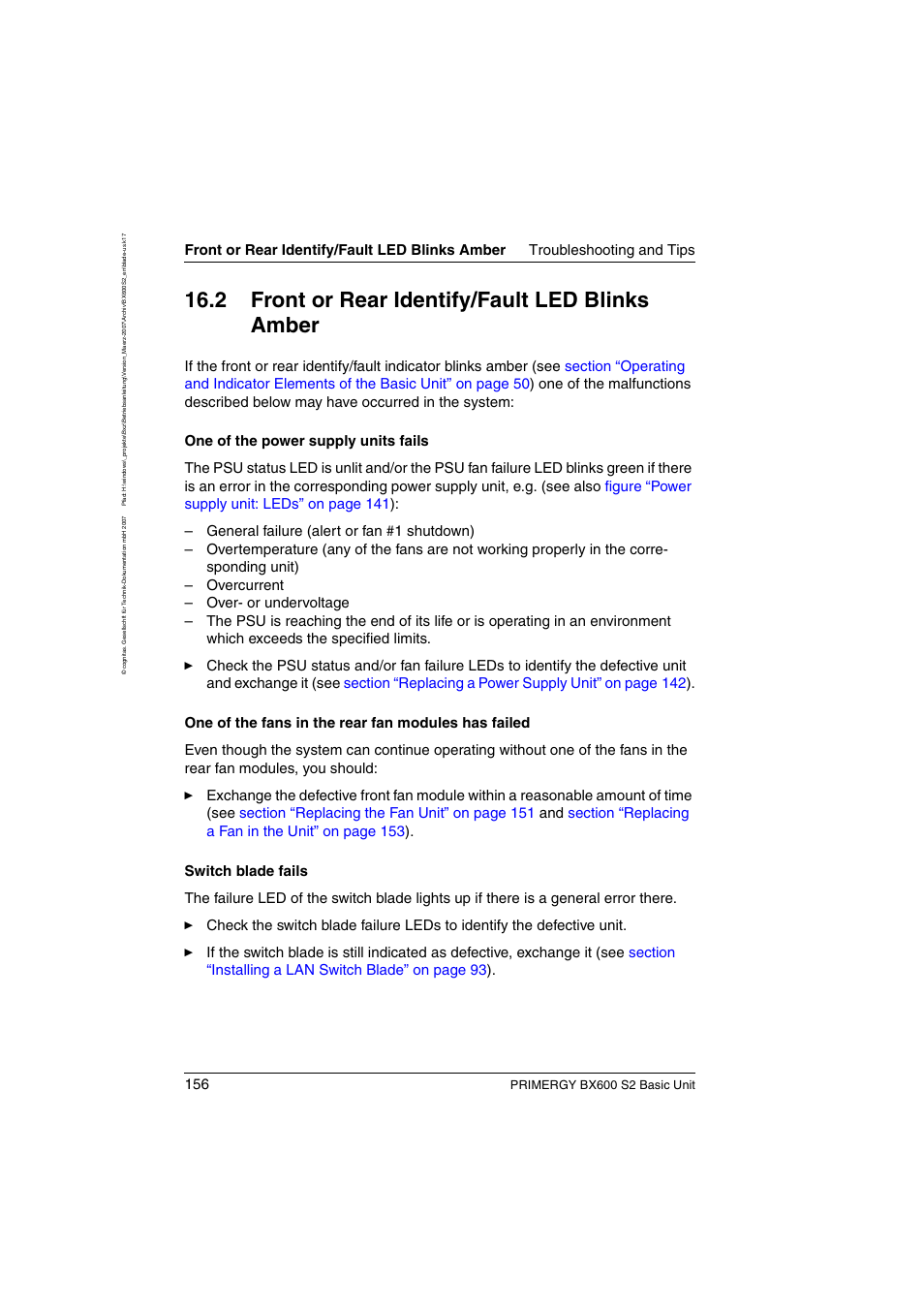 Front or rear identify/fault led blinks amber, 2 front or rear identify/fault led blinks amber, Primergy bx600 s2 basic unit | FUJITSU PRIMERGY BX600 S2 User Manual | Page 156 / 173