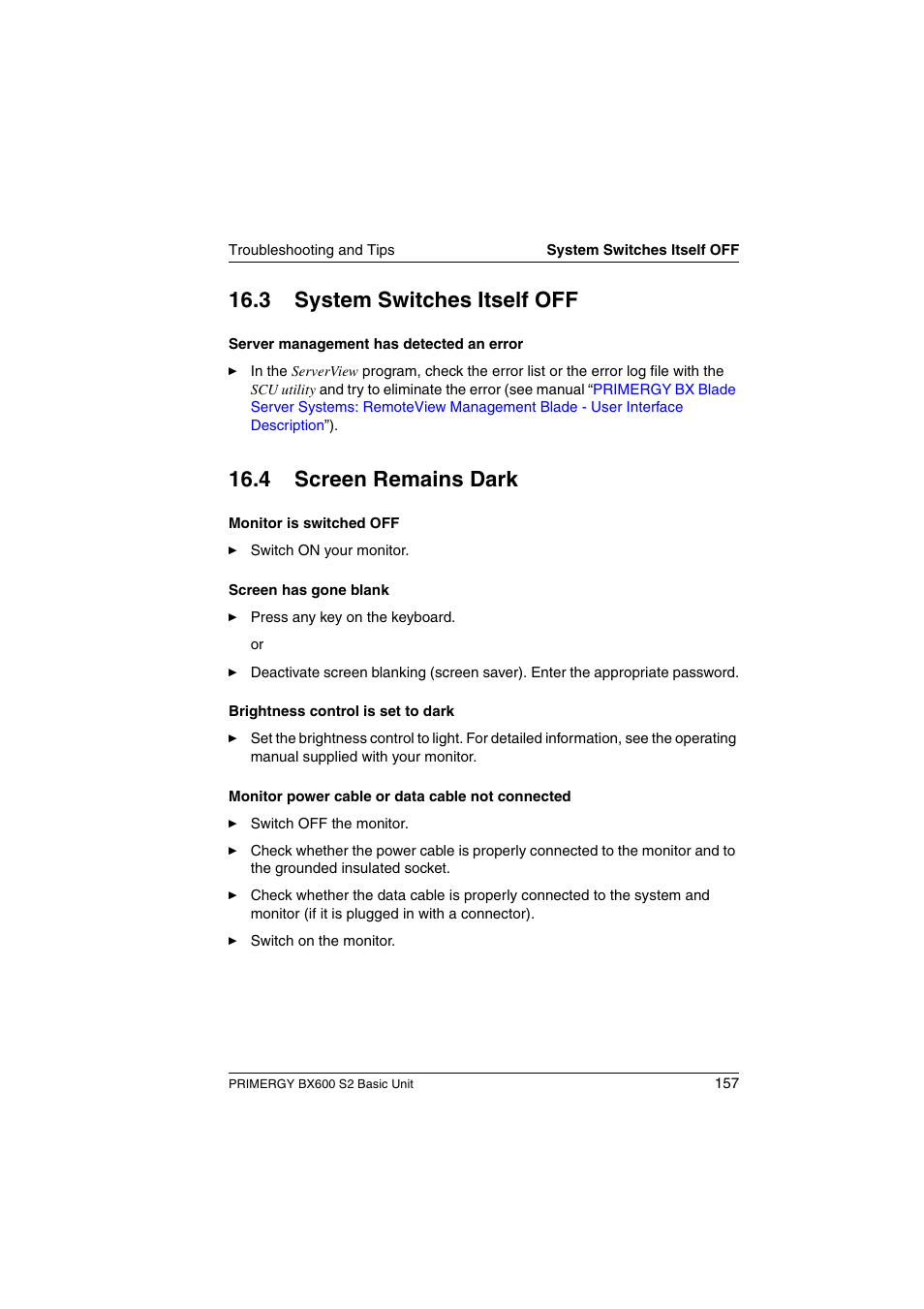 System switches itself off, Screen remains dark, 3 system switches itself off | 4 screen remains dark | FUJITSU PRIMERGY BX600 S2 User Manual | Page 157 / 173
