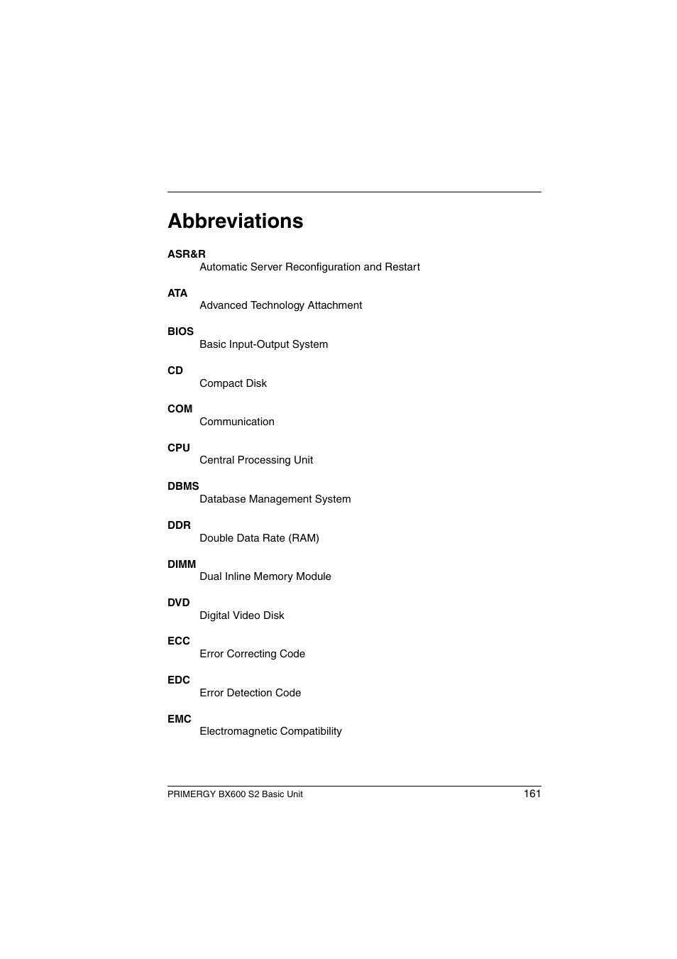 Abbreviations | FUJITSU PRIMERGY BX600 S2 User Manual | Page 161 / 173