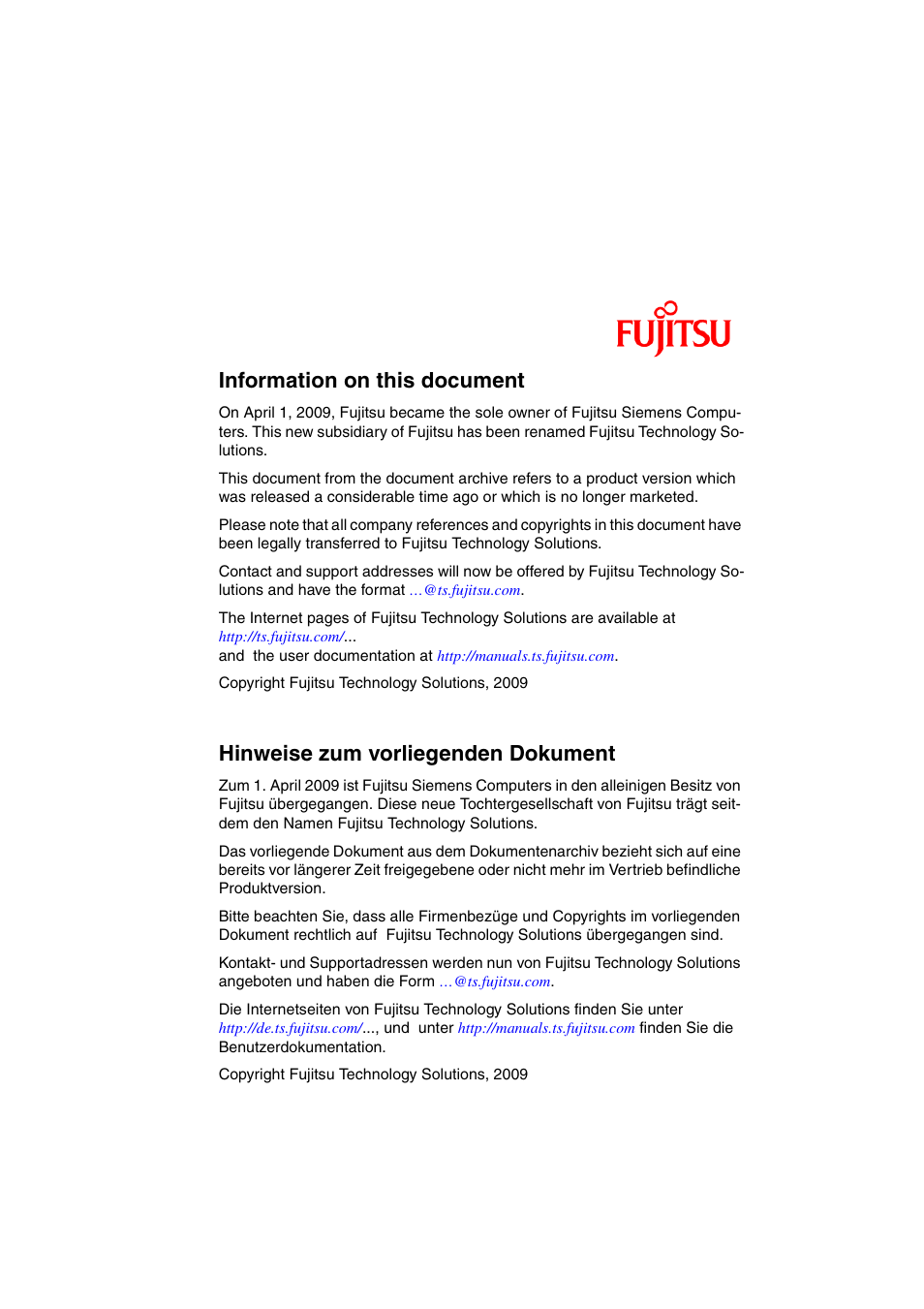 Information on this document, Hinweise zum vorliegenden dokument | FUJITSU PRIMERGY BX600 S2 User Manual | Page 173 / 173