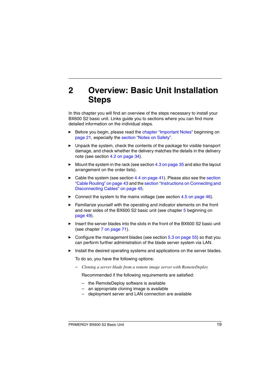 Overview: basic unit installation steps, 2overview: basic unit installation steps | FUJITSU PRIMERGY BX600 S2 User Manual | Page 19 / 173