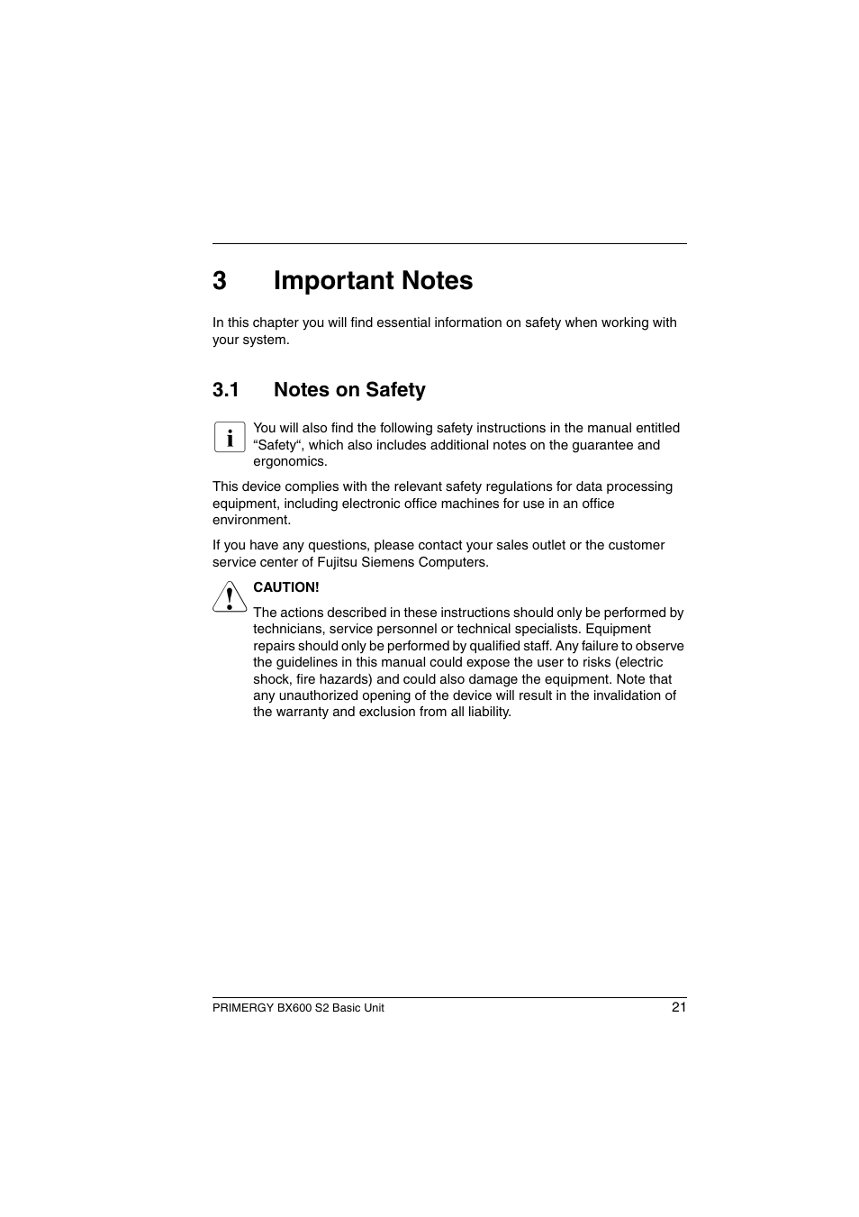 Important notes, Notes on safety, Chapter “important notes | Beginni, Section “notes on safety | FUJITSU PRIMERGY BX600 S2 User Manual | Page 21 / 173