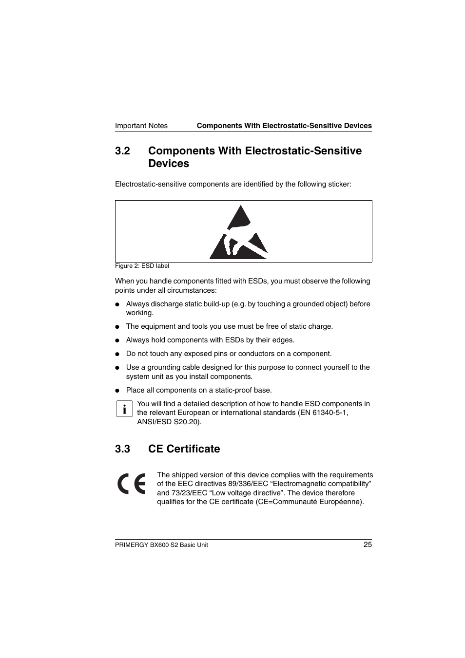 Components with electrostatic-sensitive devices, Ce certificate, 2 components with electrostatic-sensitive devices | 3 ce certificate | FUJITSU PRIMERGY BX600 S2 User Manual | Page 25 / 173