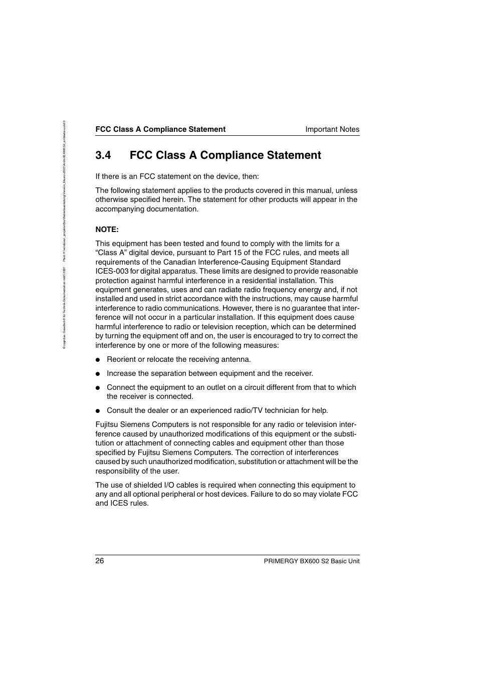 Fcc class a compliance statement, 4 fcc class a compliance statement, Reorient or relocate the receiving antenna | Primergy bx600 s2 basic unit | FUJITSU PRIMERGY BX600 S2 User Manual | Page 26 / 173