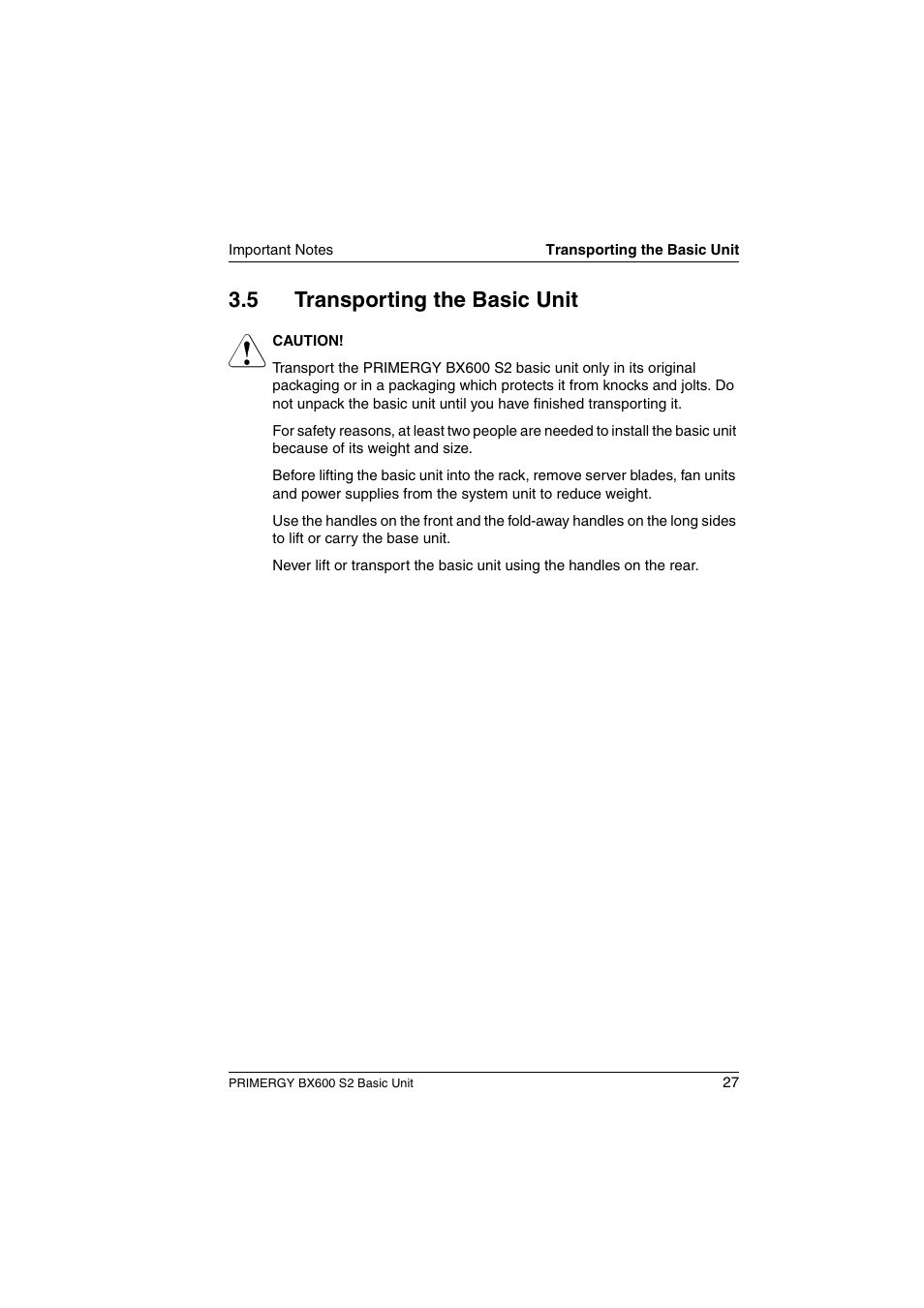 Transporting the basic unit, 5 transporting the basic unit | FUJITSU PRIMERGY BX600 S2 User Manual | Page 27 / 173